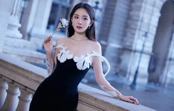 The building, actress, Asian, black dress, beauty, Christian Louboutin, actress, beautiful woman