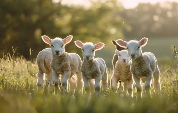 Summer, grass, light, glade, sheep, kids, company, sheep