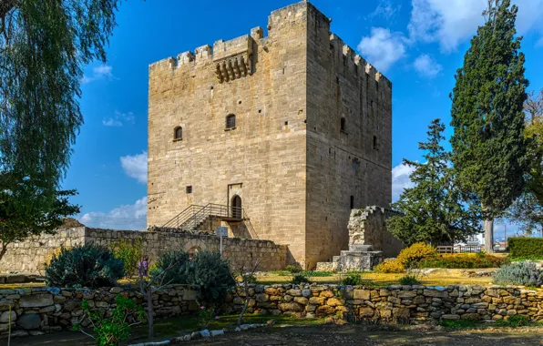 Trees, stones, castle, Sunny, Cyprus, Kolossi Castle