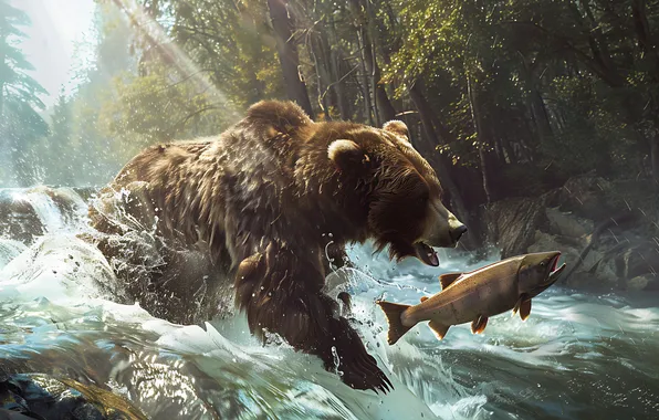 Picture Water, Trees, Fish, Bear, Predator, River, Digital art, Fishing