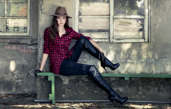 Bench, pose, style, feet, model, hat, boots