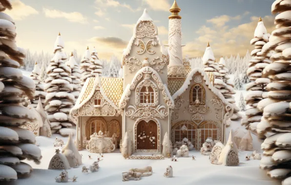 Winter, forest, the sky, clouds, snow, house, castle, patterns