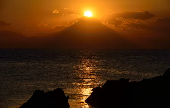 The sun, sunset, lake, rocks, mountain, Fuji