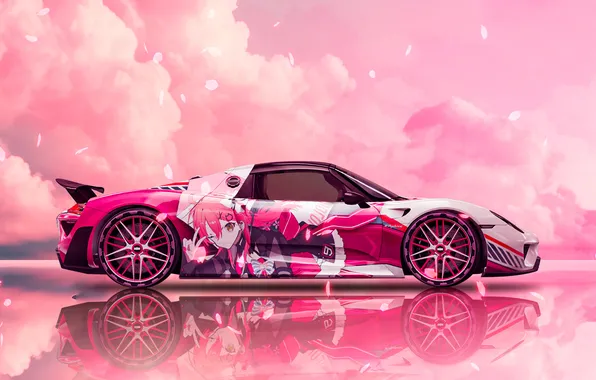 Car, sky, pink, reflection, petals, pink clouds, vehicle, anime girls