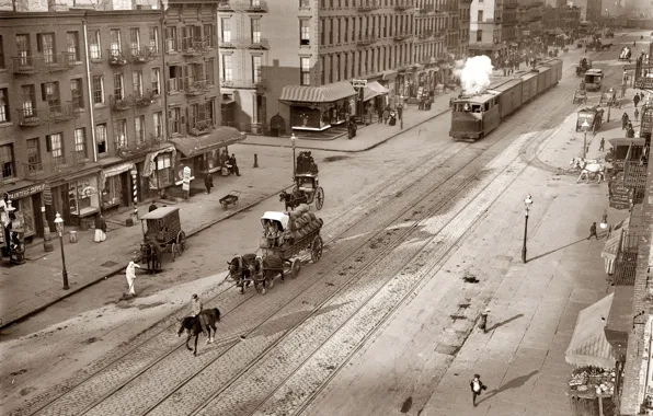 Picture retro, street, rails, train, wagon, USA, New York