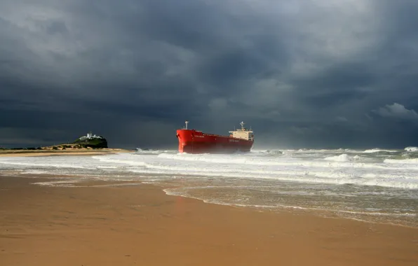 Picture waves, storm, beach, ocean, seascape, seaside, ship, lighthouse