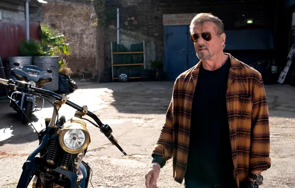Street, glasses, motorcycle, bike, Sylvester Stallone, Sylvester Stallone, The Expendables 4, The Expendables 4