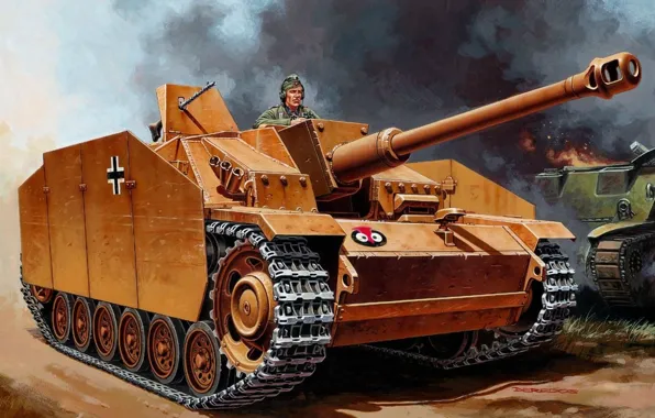 Picture war, art, ww2, tank, paiting, Sturmgeschütz III, gemrna tank, StuG-III Ausf.G