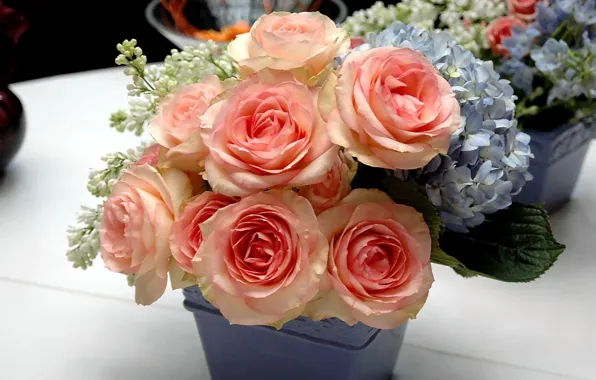 Picture flowers, roses, bouquet, lilac, hydrangea, composition