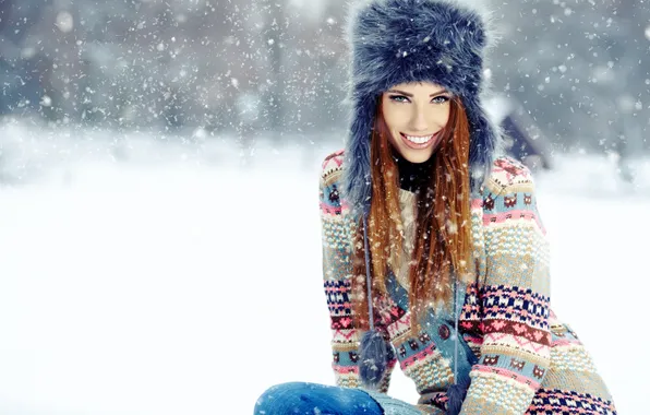 Picture winter, look, girl, snow, joy, smile, hat, brown hair