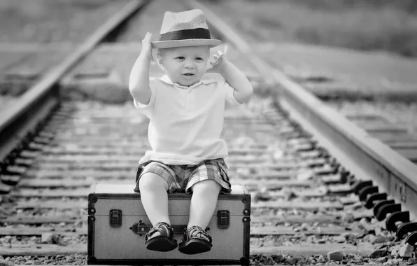 Picture mood, boy, railroad, suitcase