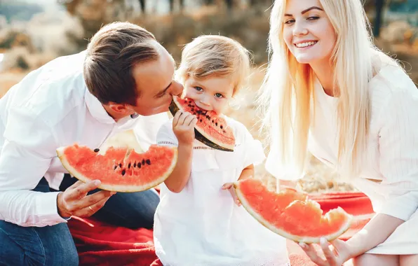 Summer, girl, mood, woman, child, watermelon, family, pair
