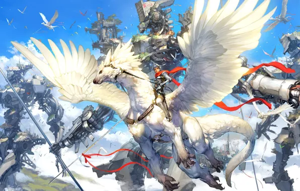 Girl, fiction, bird, robots, art, rider