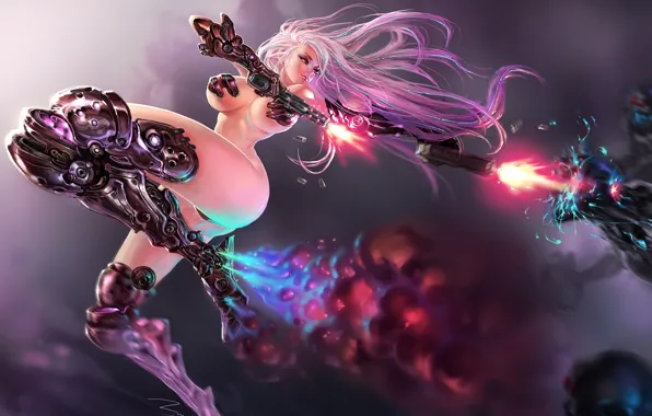 Jump, guns, Girl, minimalism, monsters, cyborg, sleeve, shots