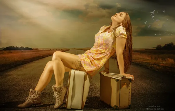 Road, girl, pose, hair, tattoo, legs, suitcases