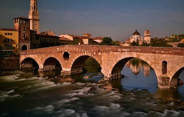 Picture bridge, the city, river, building, home, Italy, Verona, The Stone Bridge