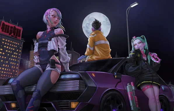Car, moon, Lucy, Cyberpunk 2077, Rebecca, Game art, art girl, Cyberpunk Edgerunners
