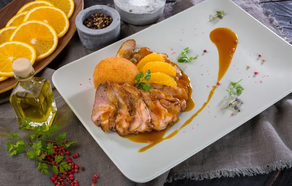 Orange, meat, sauce, spices