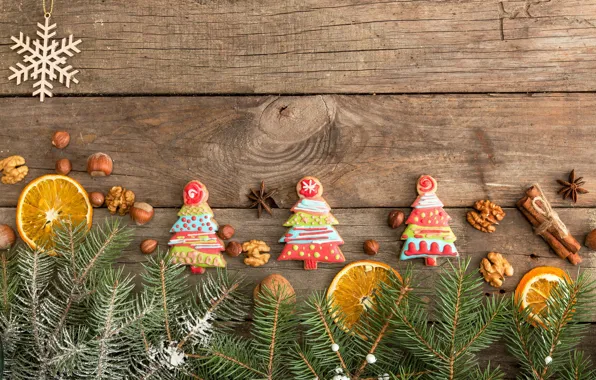 Branches, Board, oranges, Christmas, New year, nuts, needles, snowflake