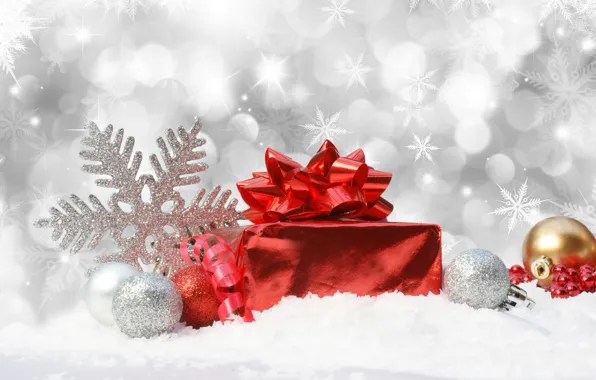 Balls, snow, snowflakes, lights, background, box, gift, toys