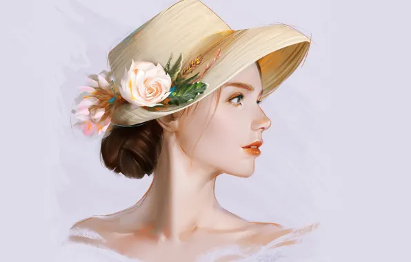 Picture grey background, in profile, portrait of a girl, straw hat, neck shoulders