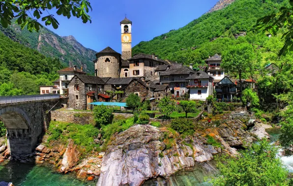 The sky, trees, landscape, mountains, bridge, rock, river, tower