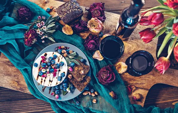 Berries, wine, red, cheese, blueberries, bread, nuts, buds