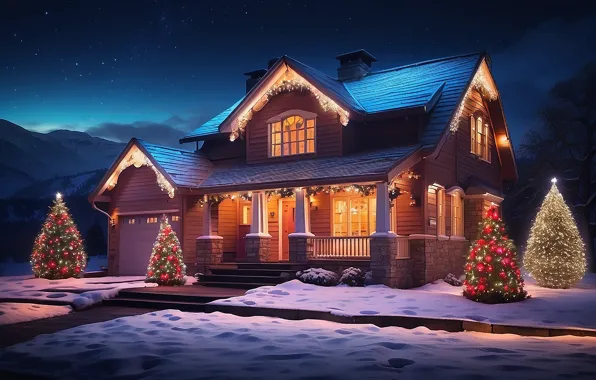 Picture winter, snow, decoration, night, lights, house, tree, colorful