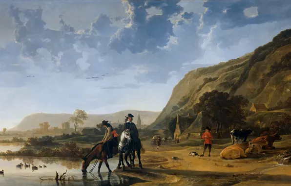 Landscape, people, horse, picture, Albert Jacobs Cape, River Landscape with Riders