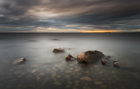 Lake, stones, dawn, Sweden, Varmland, Skoghall