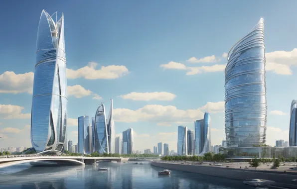 The sky, bridge, river, building, future, boats