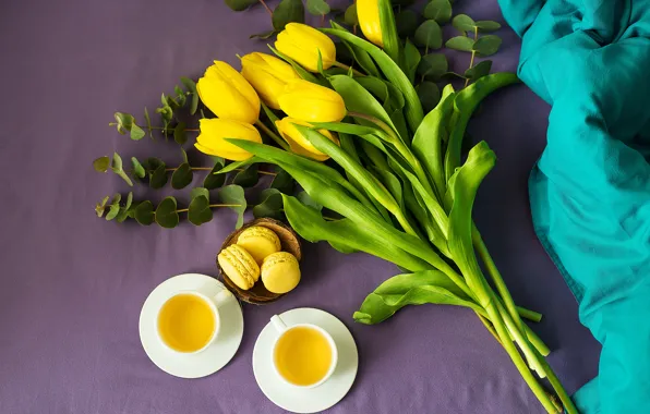 Tea, bouquet, tulips, macaroon