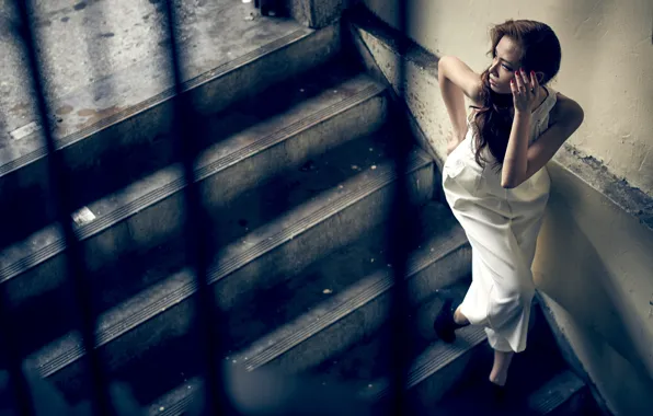 Girl, dress, ladder