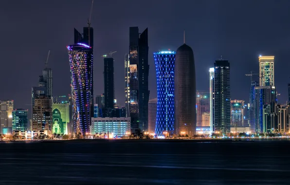 Night, lights, Qatar, Doha