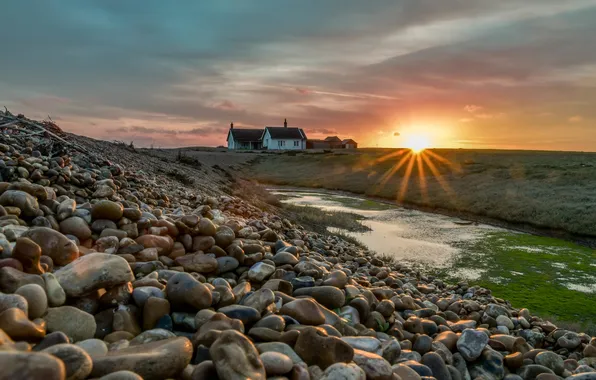The sky, the sun, clouds, rays, light, sunset, pebbles, river