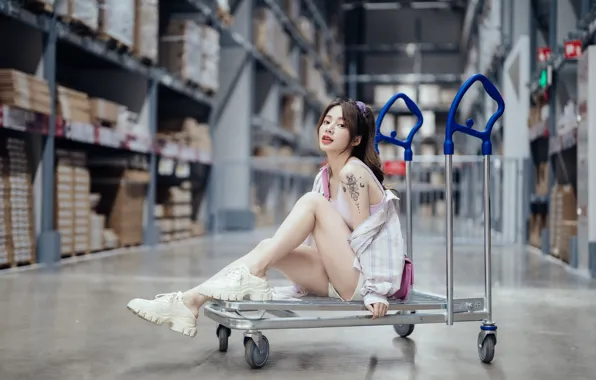 Picture girl, shorts, model, warehouse, asian, cute, cart, sneakers