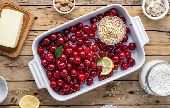 Cherry, berries, table, Board, oil, Bank, sugar, form