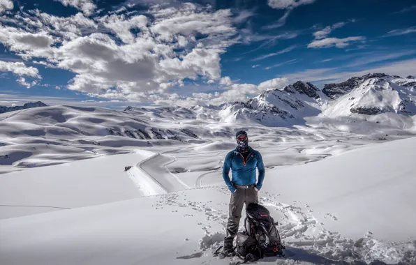 Winter, clouds, snow, mountains, headband, male, guy, backpack