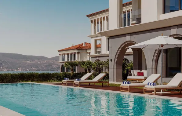 Sea, palm trees, building, pool, Bay, architecture, resort, complex