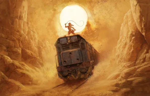 Picture sand, girl, the sun, rocks, desert, figure, heat, train