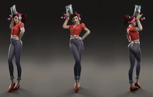 Girl, weapons, grey background