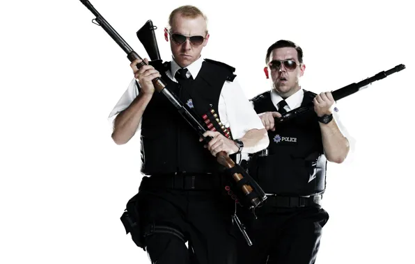Weapons, gun, glasses, police, Simon Pegg, Nick Frost, Simon Pegg, police
