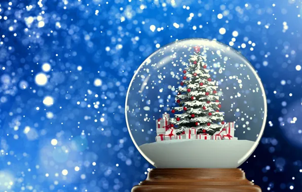 Picture background, new year, gifts, tree, herringbone, snow, snow globe, 2015