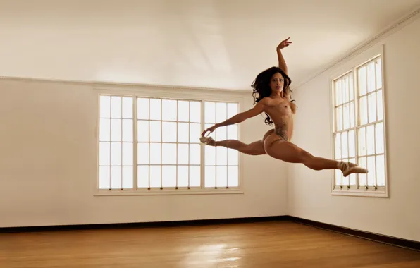 Space, windows, legs, nipples, woman, jump, model, dance