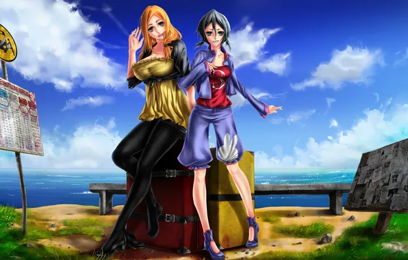 Sea, bench, girls, plate, art, shop, bleach, Inoue Orihime