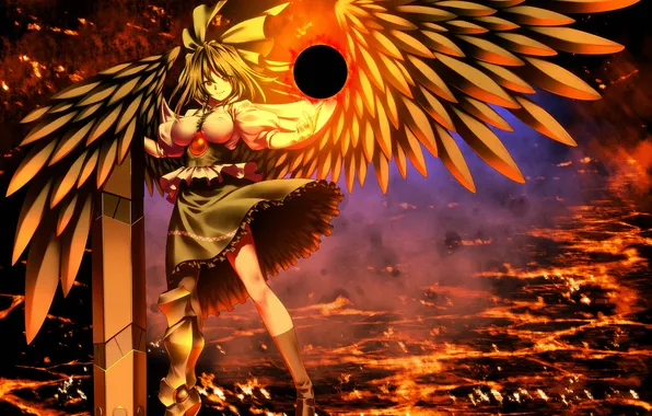 Girl, lights, weapons, magic, wings, art, reiu equipment, utsuho, touhou