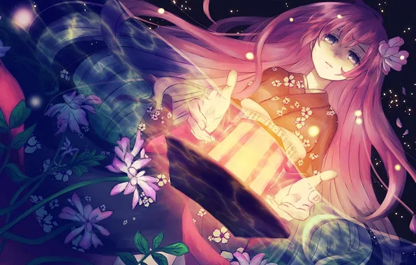 Water, girl, flowers, night, petals, art, kimono, vocaloid