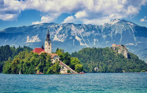Picture the sky, clouds, mountains, lake, island, Slovenia, Bled