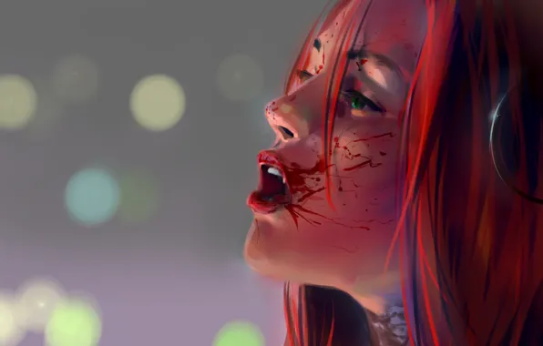 Picture look, girl, blood, BloodRayne, red hair. profile. fangs