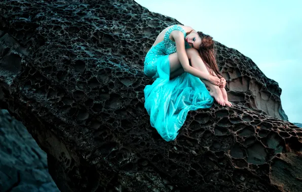 Girl, nature, pose, rock, stones, makeup, dress, hairstyle